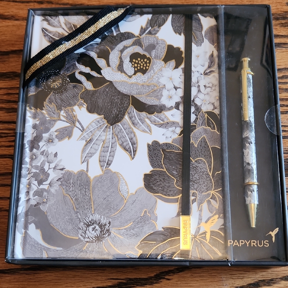 Papyrus Black, White & Gold Floral Journal with Coordinating Pen